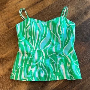 Lilly Pulitzer blouse womens size 4 adjustable straps tie back detail green blue
